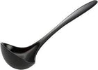 Black Gourmac melamine ladle with a long handle on a white background