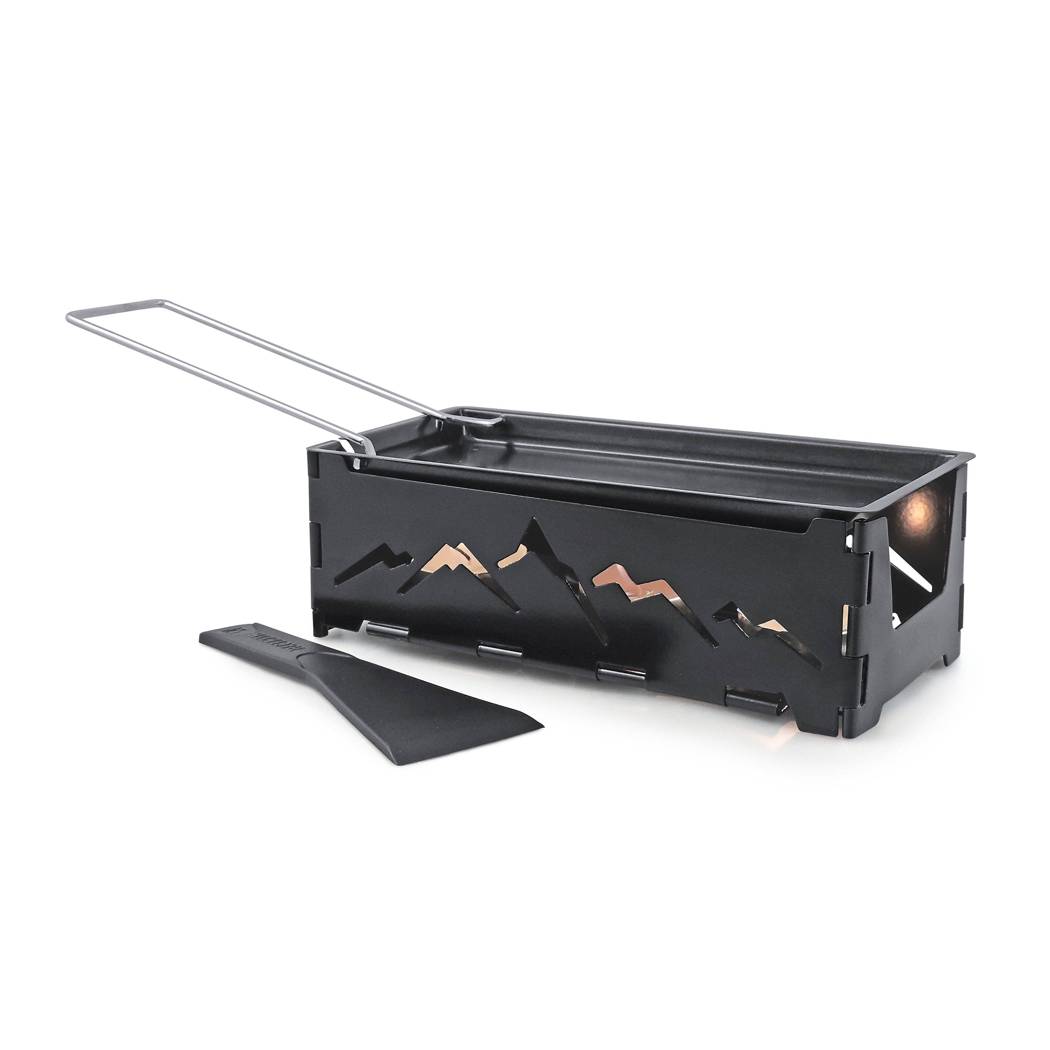 Swissmar candlelight raclette grill set with foldable stand, nonstick pan, and tea lights for tabletop melted cheese service