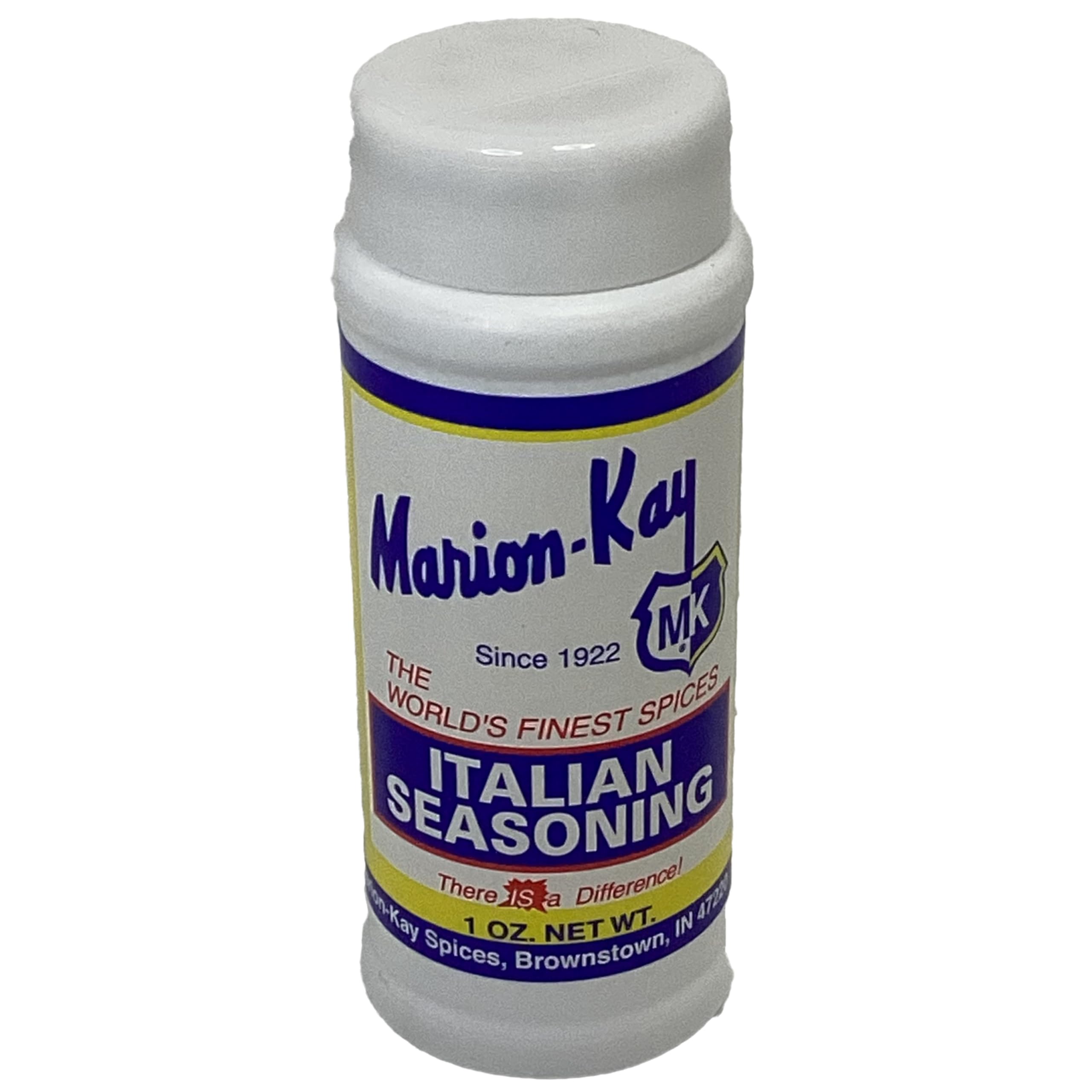 Marion-Kay Italian Seasoning Blend in a clear spice bottle with a black cap
