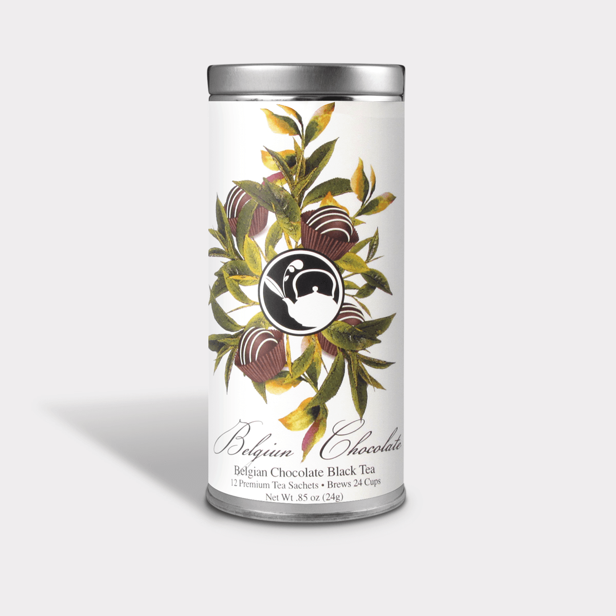 Package of Belgian Chocolate Black Tea sachets with a floral design on a white background