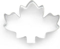 Stainless steel maple leaf cookie cutter on a white background.