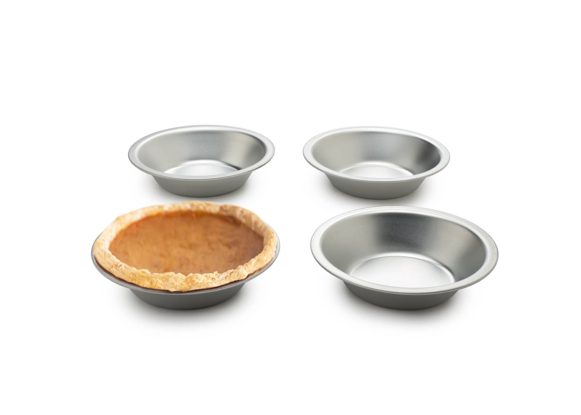 Set of four 5-inch tin-plated steel pie pans on a white background