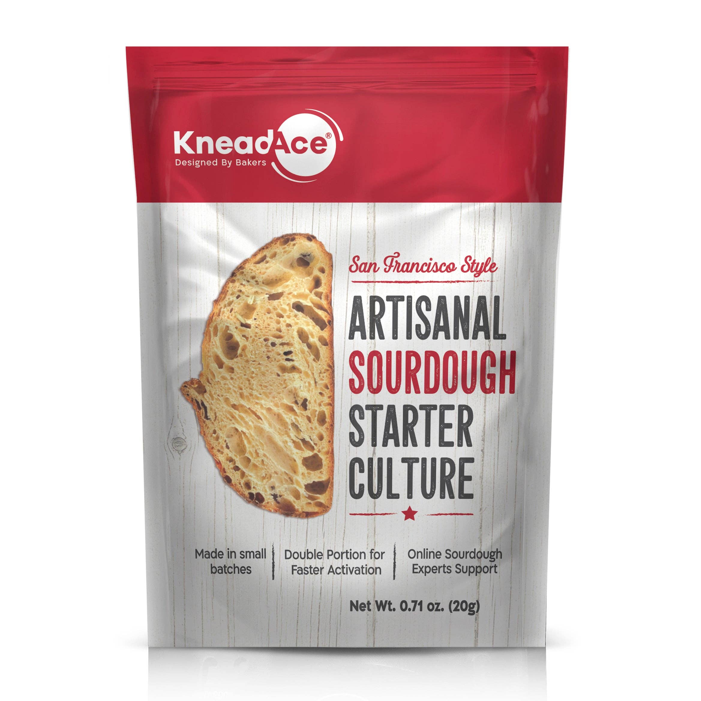KneadAce Sourdough Starter Culture packet for beginning a homemade sourdough loaf