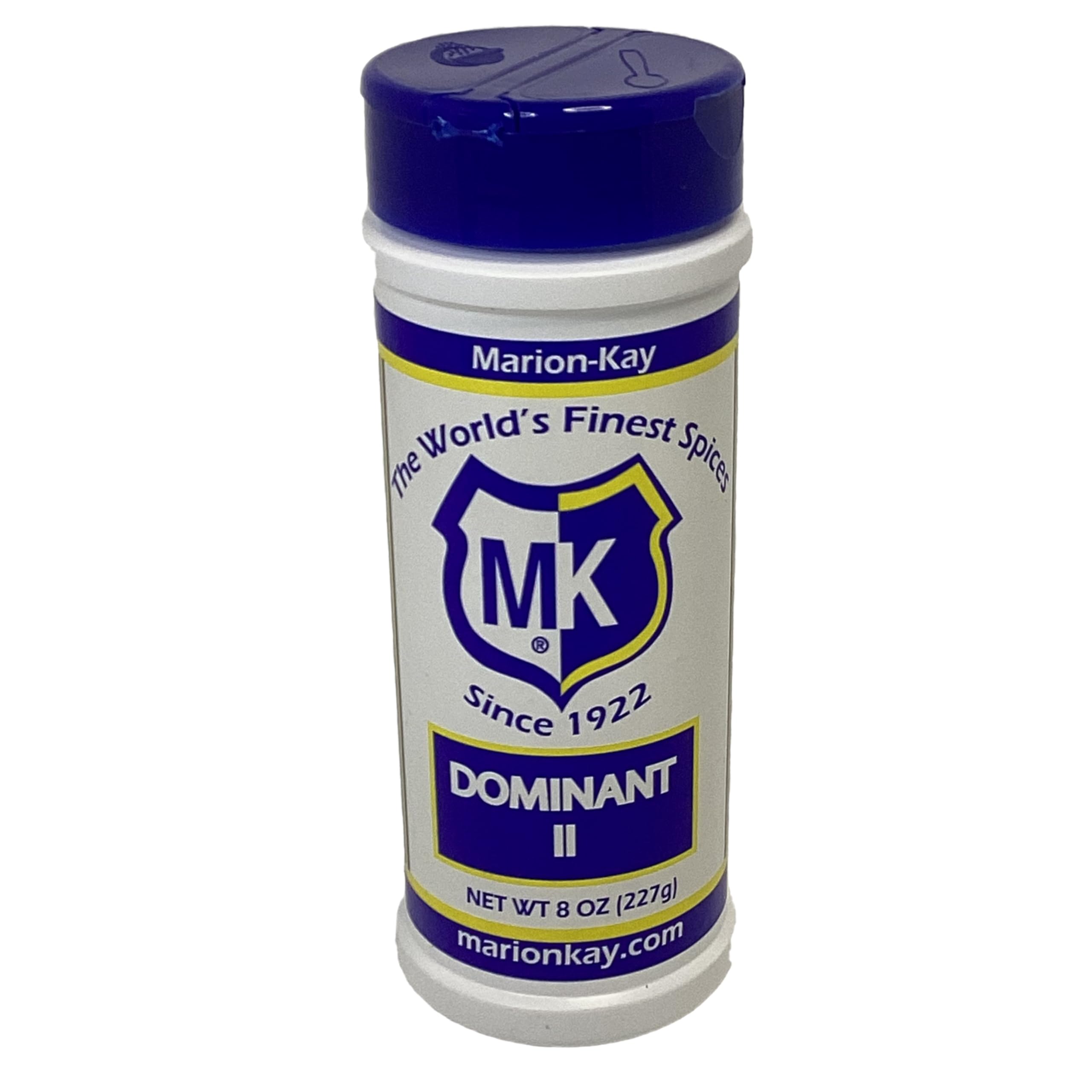 Marion-Kay Dominant II Seasoning 8-ounce bottle, a garlic-forward all-purpose blend