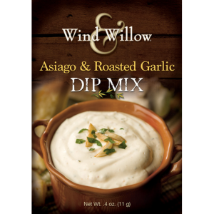 Packet of Wind & Willow Asiago & Roasted Garlic Dip Mix on a white background