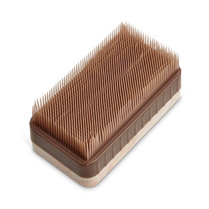 Wood-handled potato cleaning brush with natural bristles on a white background.