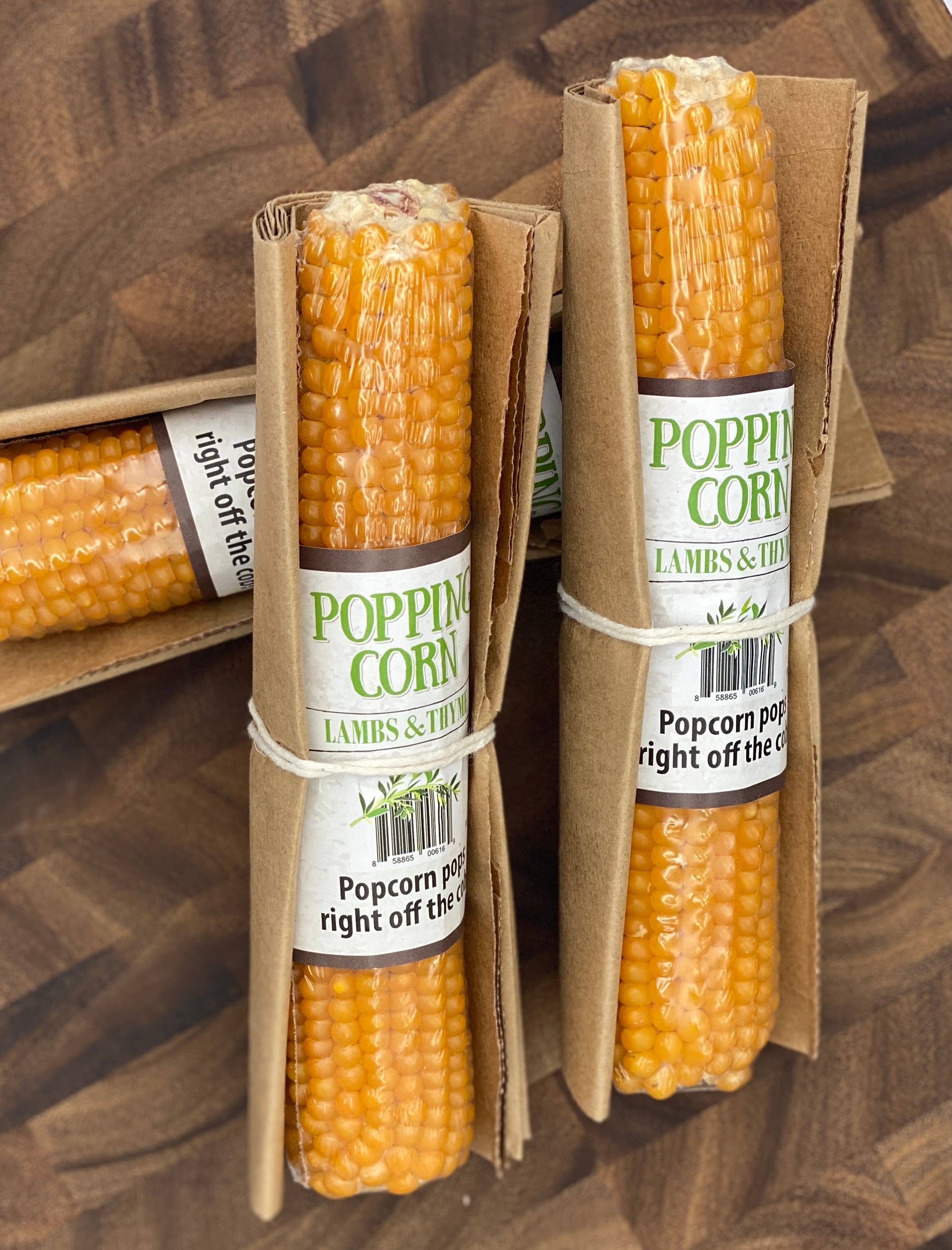 Gift-packaged popcorn cobs ready to pop for brown butter Parmesan movie-night popcorn