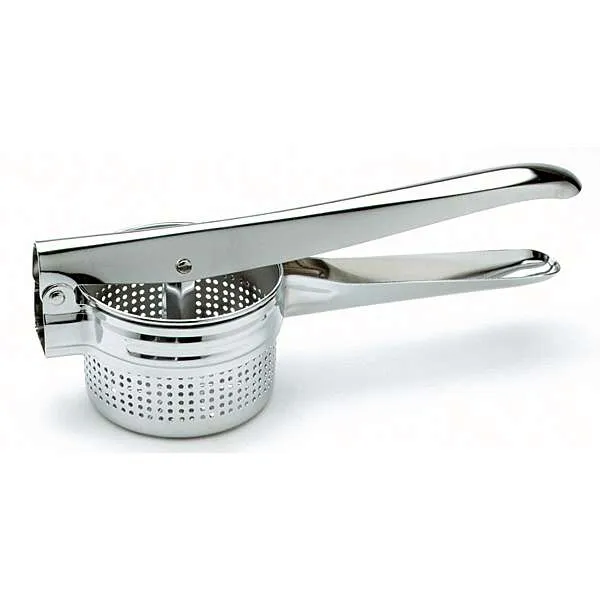 Shiny metal potato ricer with long handles and a perforated basket on a white background