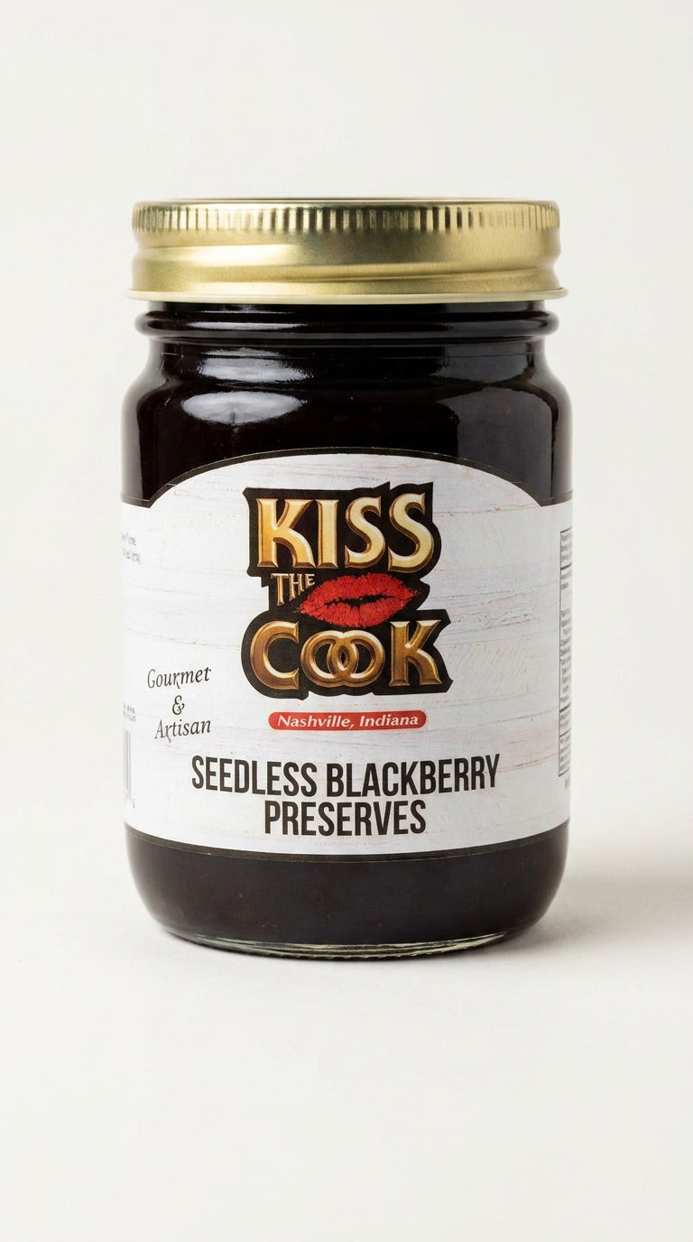Jar of Kiss the Cook Seedless Blackberry Preserves on a white background