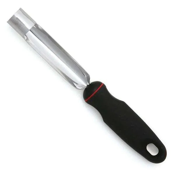 Stainless steel Norpro Jumbo Apple Corer with a black handle on a white background