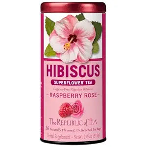 Tin of The Republic of Tea Organic Hibiscus Raspberry Rose Superflower Tea on a white background