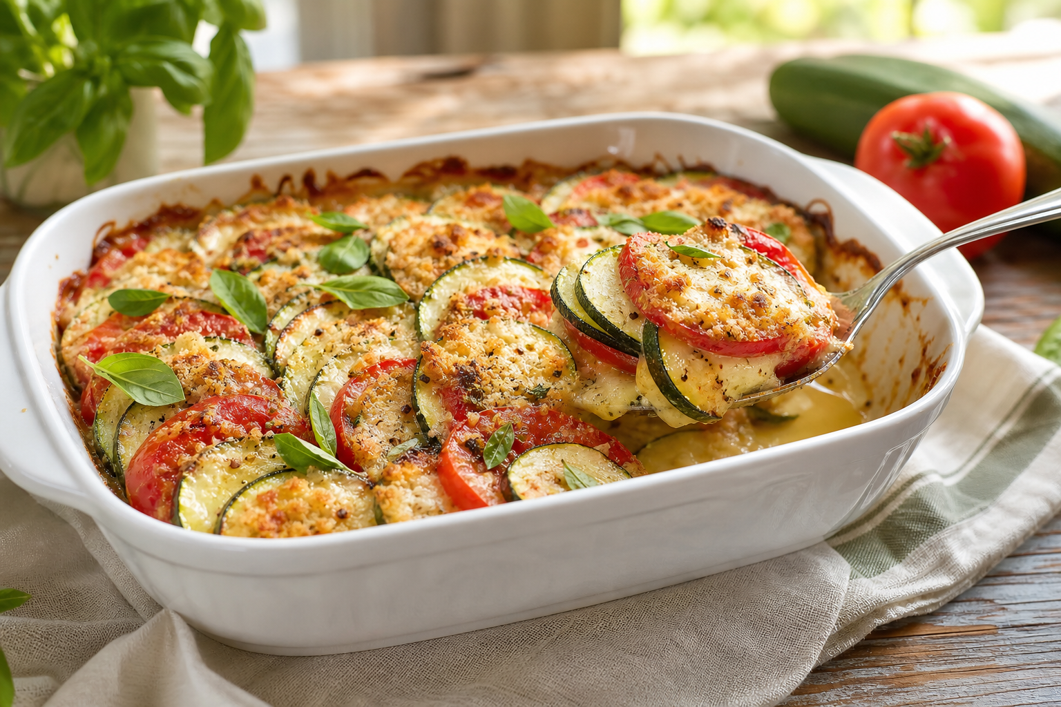 Baked summer tomato zucchini gratin with Parmesan and fresh basil in a white baking dish