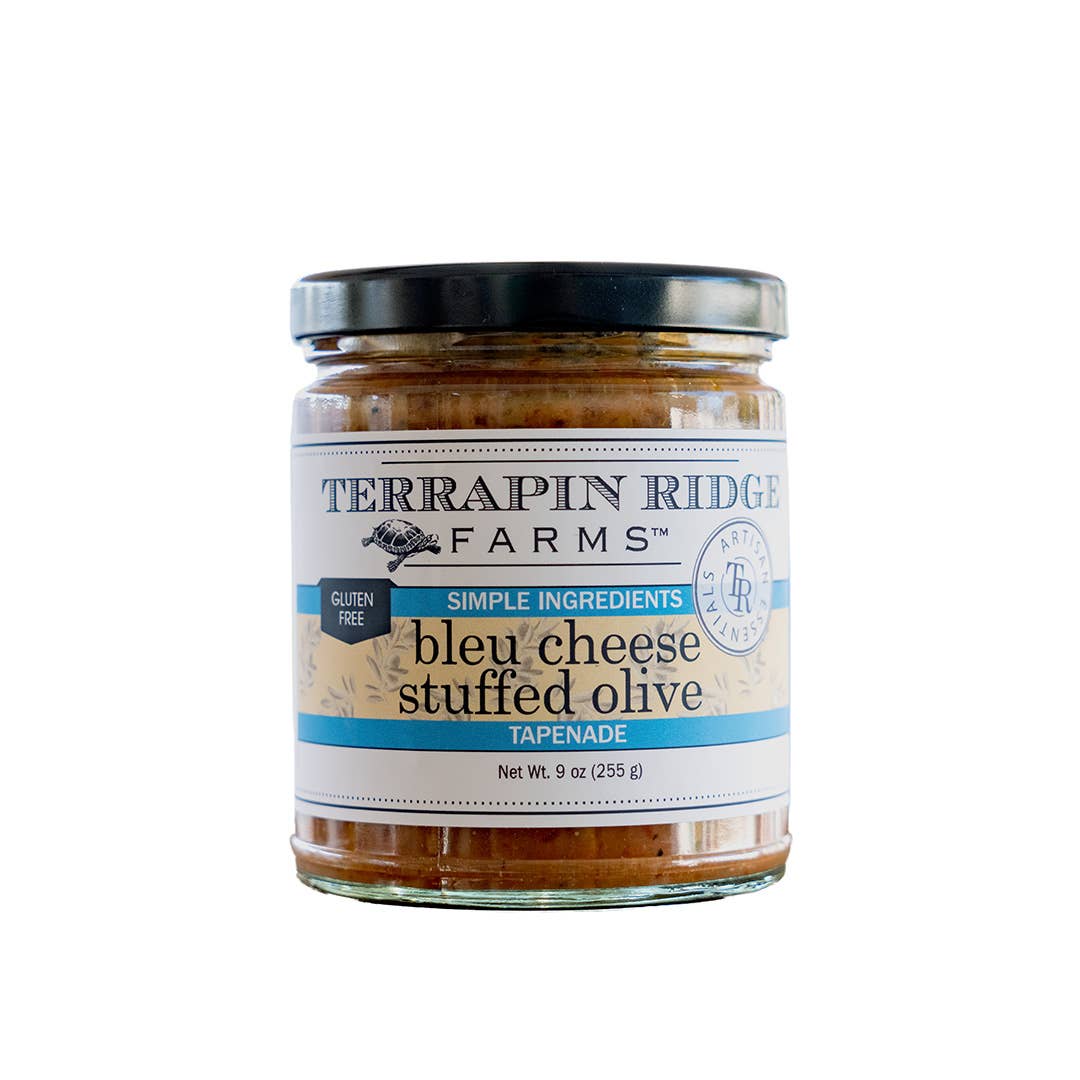 Jar of Terrapin Ridge Farms Bleu Cheese Stuffed Olive Tapenade on a white background
