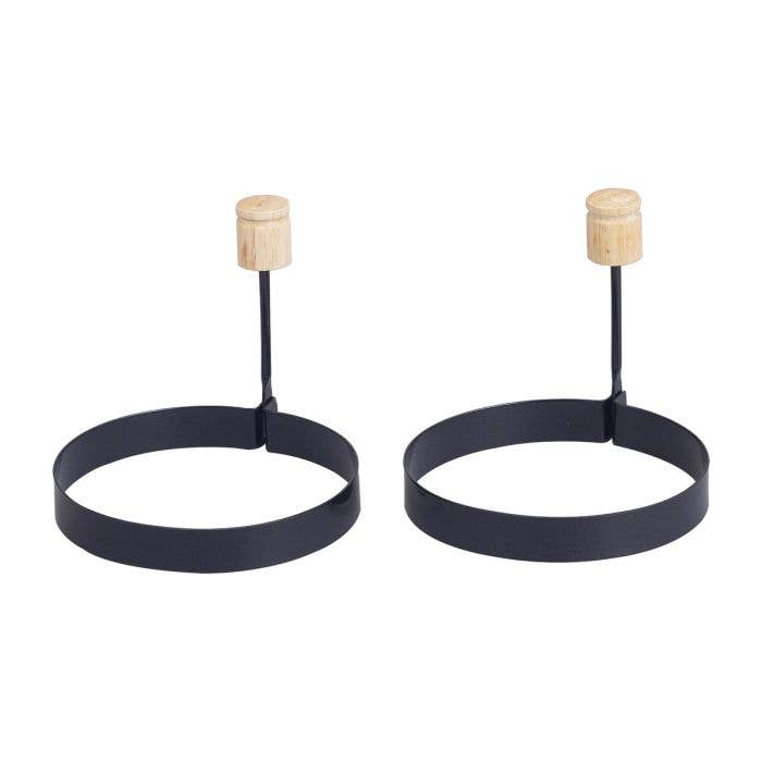 Two non-stick egg rings with stay-cool handles for cooking round eggs for breakfast sandwiches