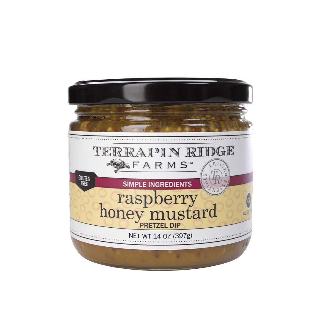 Jar of Terrapin Ridge Farms Raspberry Honey Mustard Pretzel Dip on a white background