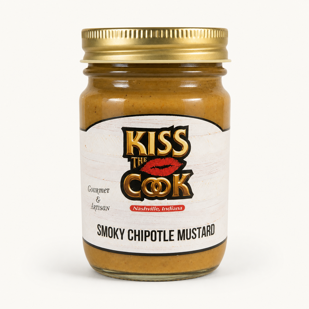 Jar of Kiss the Cook Smoky Chipotle Mustard on a white background