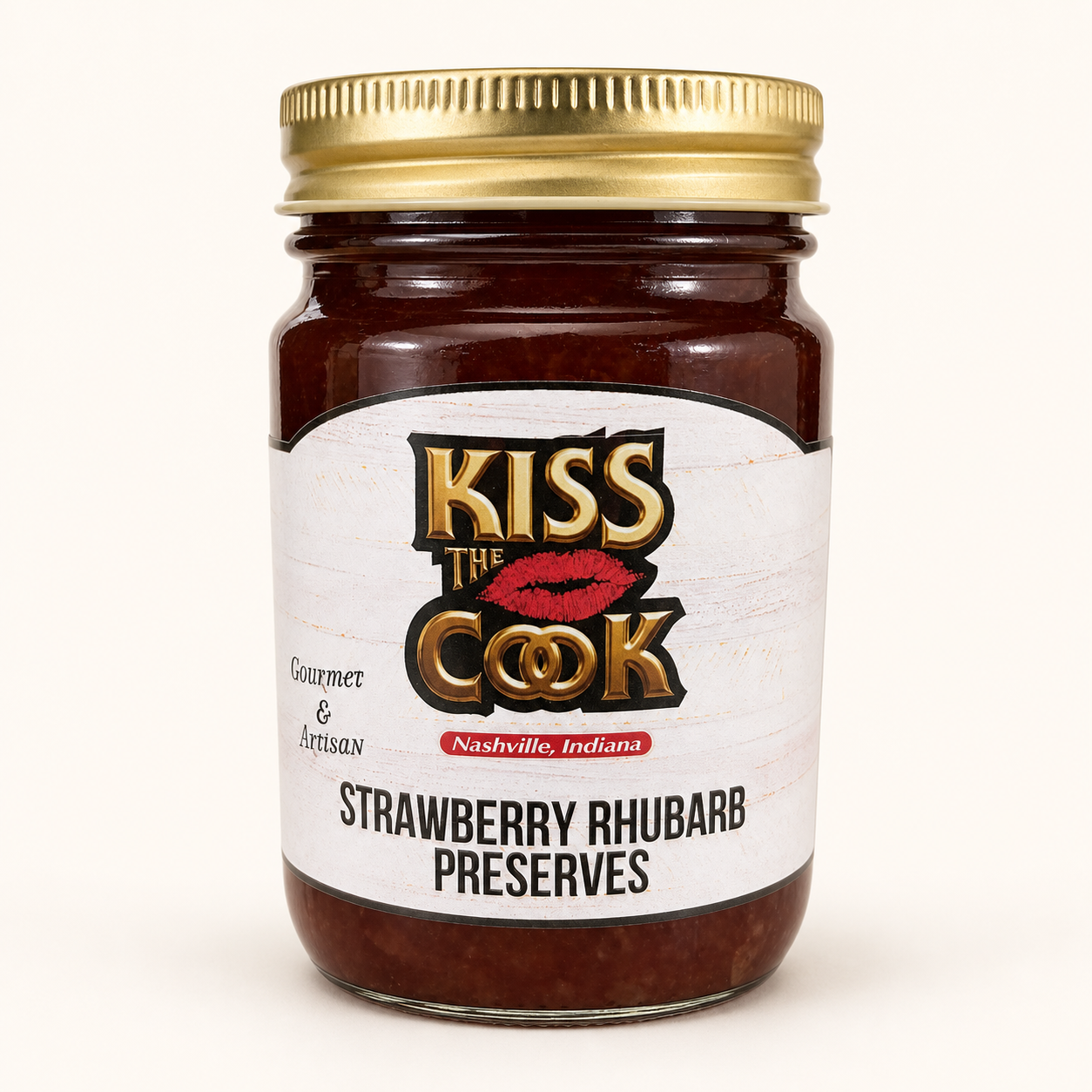 Jar of Kiss the Cook Strawberry Rhubarb Preserves used to make a sweet-tart glaze for roasted chicken thighs