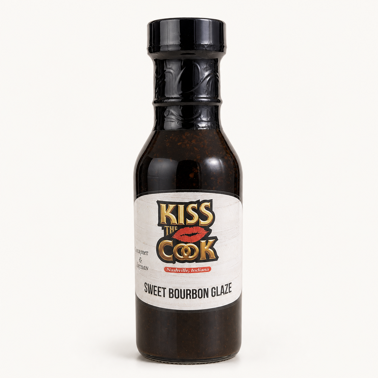 Kiss the Cook Sweet Bourbon Glaze bottle on a white background