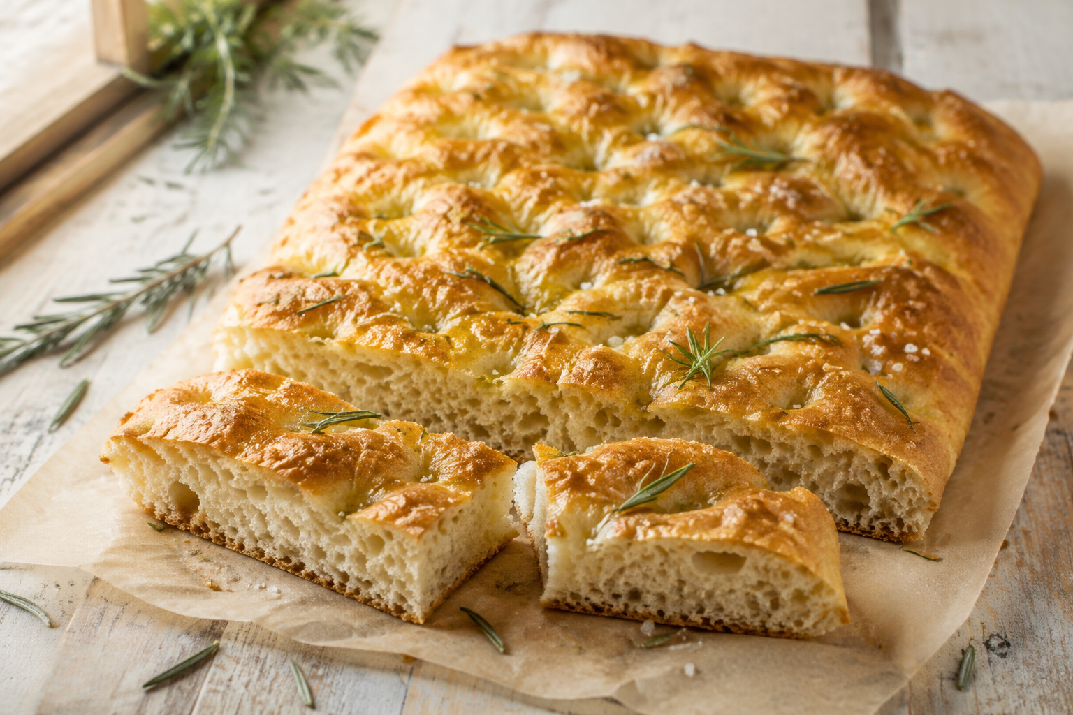 Golden no-knead rosemary focaccia on parchment with sliced pieces showing an airy crumb