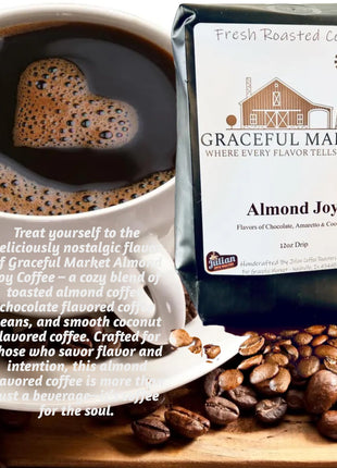 Graceful Market Almond Joy Amaretto Coffee | Chocolate, Coconut & Amaretto Flavored Medium Roast Coffee | Whole Bean or Ground | 12 oz Bag