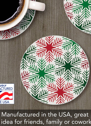 "Red/Green Snowflakes" Single Round Absorbent Stone Coaster