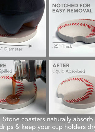 Round baseball-themed stone car coaster for vehicle cup holder