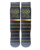 Possible With God Christian crew socks in black with gold and yellow stripes