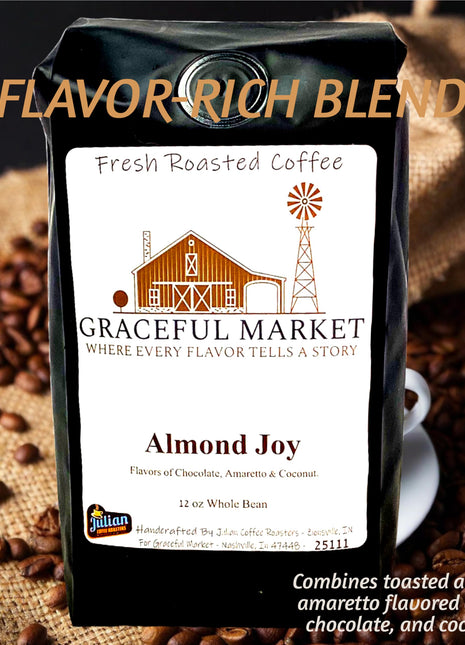 Graceful Market Almond Joy Amaretto Coffee | Chocolate, Coconut & Amaretto Flavored Medium Roast Coffee | Whole Bean or Ground | 12 oz Bag
