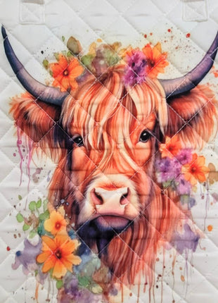 Floral Highland Cow Quilted Tote Bag