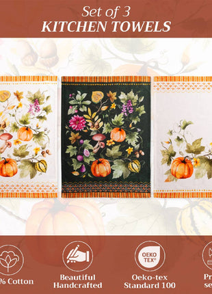 Kitchen Towels-Set of 3-Fall-Pumpkin Garden - Cloudy Cream