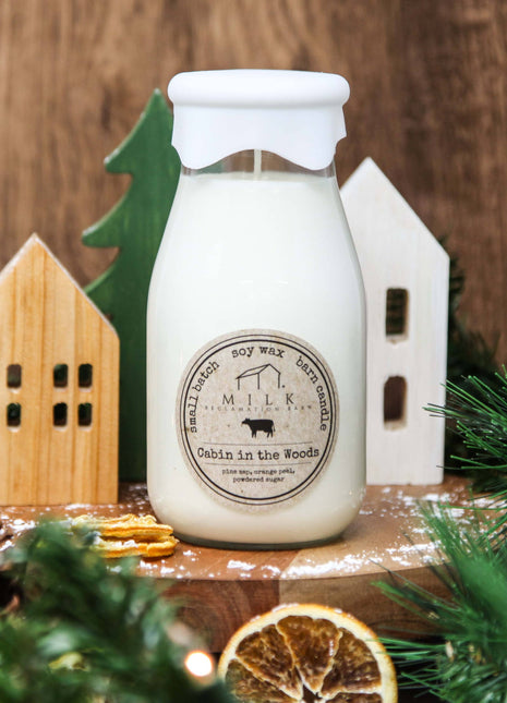 Milk bottle soy candle in Cabin in the Woods fragrance