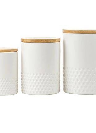 Embossed Canister Set of 3, Dimpled Matte White, Bamboo Lid