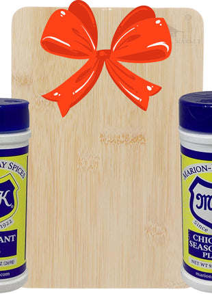 Marion-Kay Spice Gift Set – Chicken Seasoning Plus & Dominant One, 2-Pack Spices + Graceful Market Bamboo Board – BBQ Kit, Basket, or Gift Box Idea for Cooking, Grilling, and Flavor Lovers
