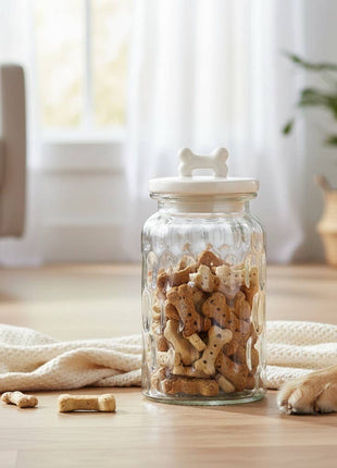 Textured Glass Dog Treat Jar with Figural Lid, Dimpled Bone