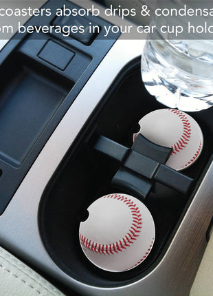 Round baseball-themed stone car coaster for vehicle cup holder