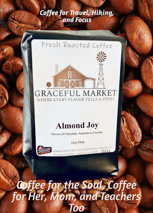 Graceful Market Almond Joy Amaretto Coffee | Chocolate, Coconut & Amaretto Flavored Medium Roast Coffee | Whole Bean or Ground | 12 oz Bag