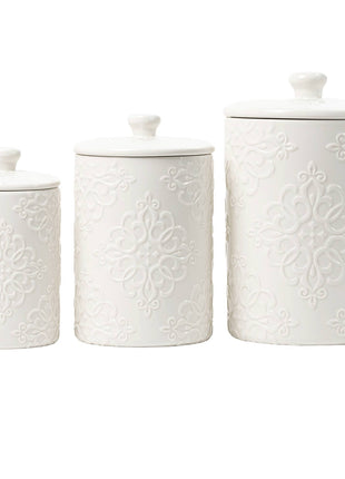 Embossed Ceramic Kitchen Canister Set, Set of 3, White