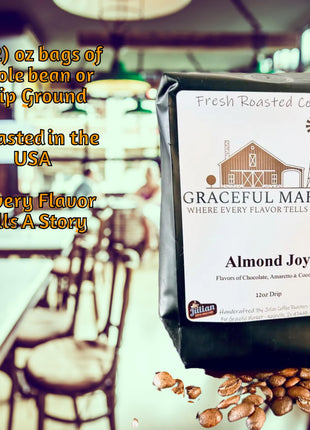 Graceful Market Almond Joy Amaretto Coffee | Chocolate, Coconut & Amaretto Flavored Medium Roast Coffee | Whole Bean or Ground | 12 oz Bag