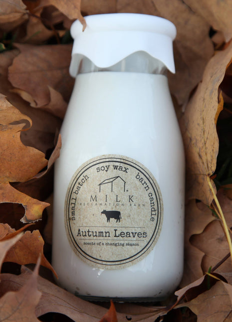 Milk Bottle Candle Autumn Leaves