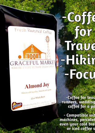 Graceful Market Almond Joy Amaretto Coffee | Chocolate, Coconut & Amaretto Flavored Medium Roast Coffee | Whole Bean or Ground | 12 oz Bag