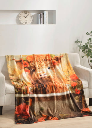 Highland Calf Floral Faux Fur Plush Throw Blanket