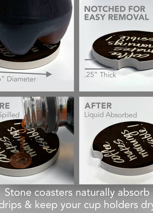 Round coffee-themed stone car coaster for vehicle cup holder
