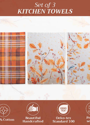 Kitchen Towels 100% Cotton - Fall - Set of 3 - Oak Leaves