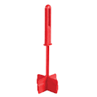 Red ChopStir kitchen tool for breaking up ground meat in a skillet.