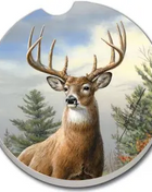 Morning Light Buck ceramic car coaster with deer artwork for cup holder protection