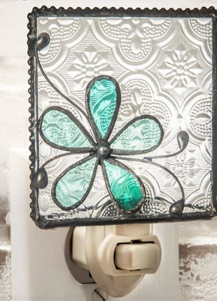 Stained Glass Night Light | Turquoise Flower Design
