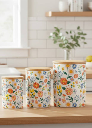 Folk Floral  Ceramic Kitchen Canister Set, Set of 3