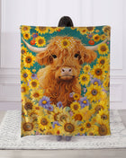 Spring Sunflower Highland Cow Faux Fur Plush Throw Blanket