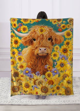 Spring Sunflower Highland Cow Faux Fur Plush Throw Blanket