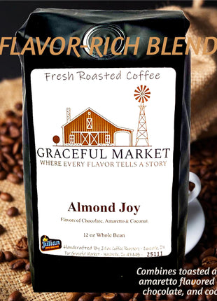 Graceful Market Almond Joy Amaretto Coffee | Chocolate, Coconut & Amaretto Flavored Medium Roast Coffee | Whole Bean or Ground | 12 oz Bag